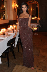 Fioreclo Calandra Maxi Dress in Plum Brown Sparkle