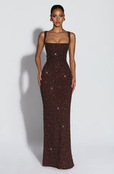 Fioreclo Calandra Maxi Dress in Plum Brown Sparkle