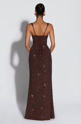 Fioreclo Calandra Maxi Dress in Plum Brown Sparkle