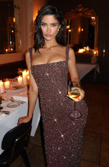 Fioreclo Calandra Maxi Dress in Plum Brown Sparkle