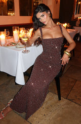 Fioreclo Calandra Maxi Dress in Plum Brown Sparkle