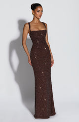 Fioreclo Calandra Maxi Dress in Plum Brown Sparkle