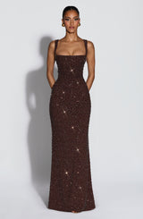 Fioreclo Calandra Maxi Dress in Plum Brown Sparkle