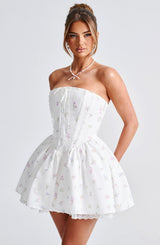 Fioreclo Evienne Mini Dress in White Multi Floral Print