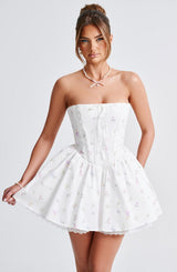 Fioreclo Evienne Mini Dress in White Multi Floral Print