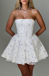 Fioreclo Evienne Mini Dress in White Multi Floral Print