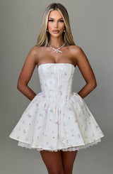 Fioreclo Evienne Mini Dress in White Multi Floral Print