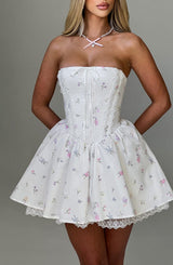 Fioreclo Evienne Mini Dress in White Multi Floral Print