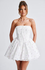 Fioreclo Evienne Mini Dress in White Multi Floral Print